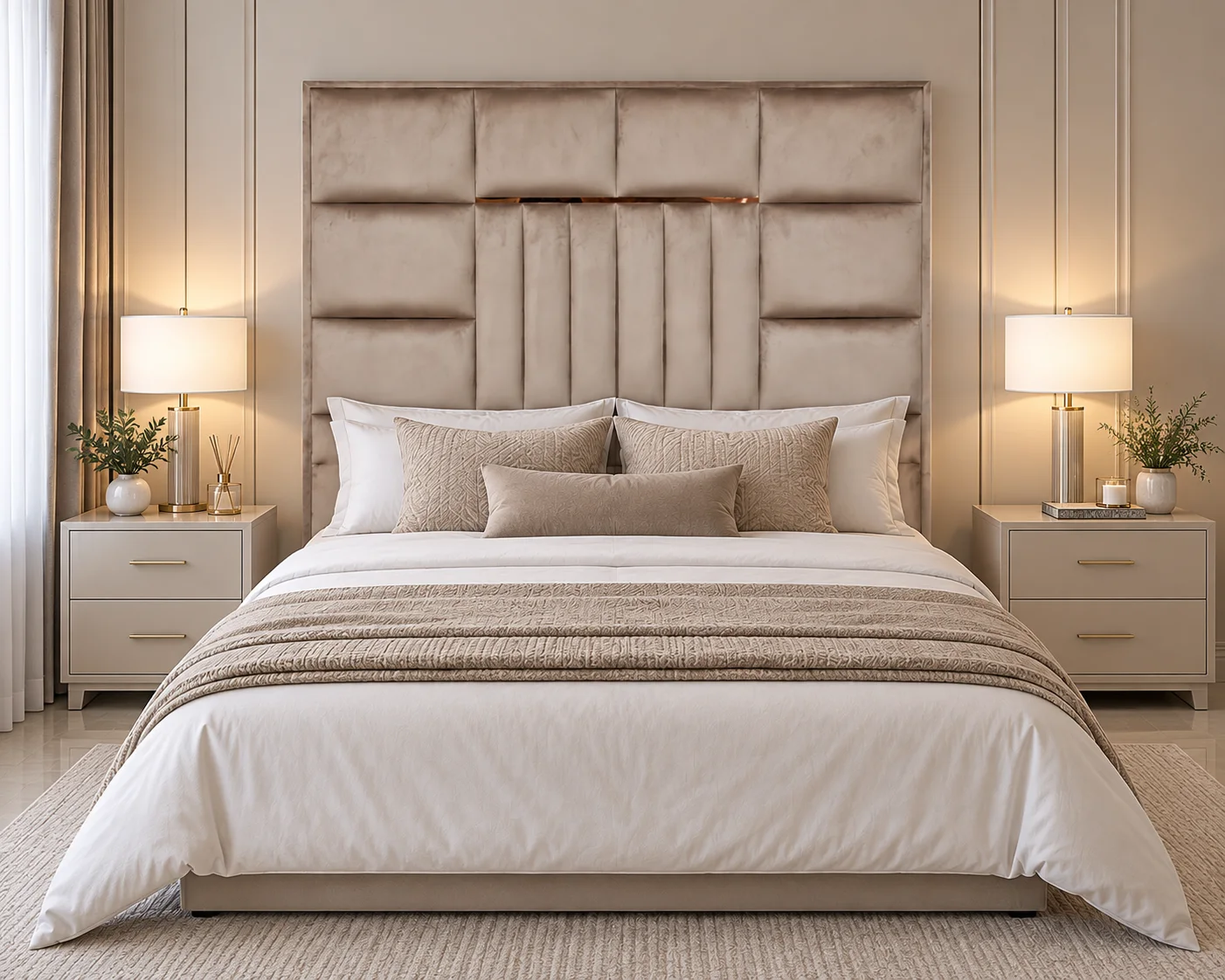 Olivia Freestanding Headboard product lifestyle image in a serene minimalist bedroom by DNF World