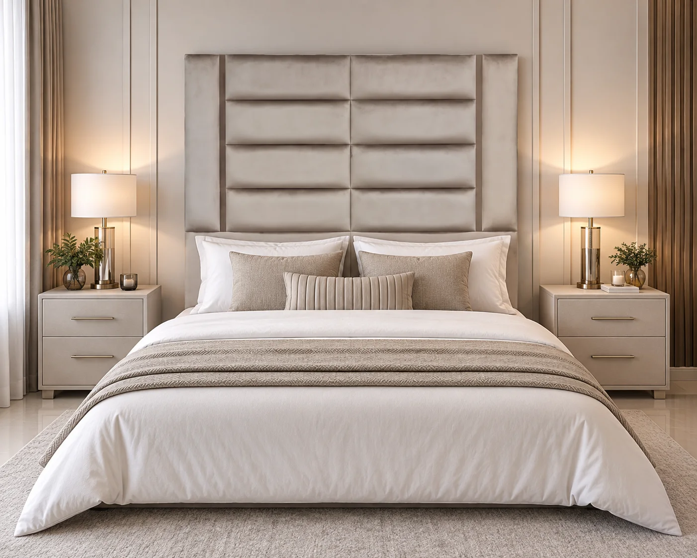 Emma Freestanding Headboard product lifestyle image in a luxurious charcoal bedroom by DNF World
