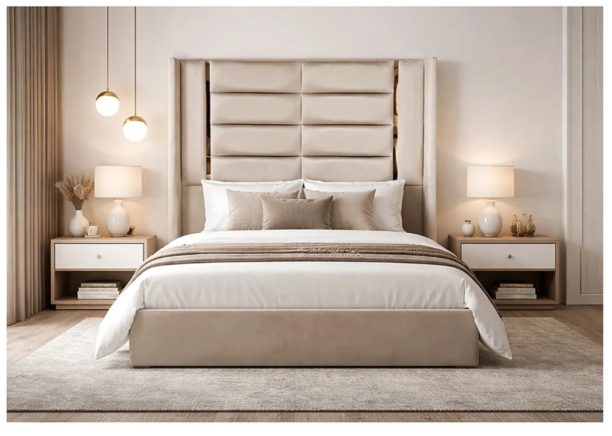 Emma Wingback Headboard product lifestyle image in a warm minimalist luxury bedroom by DNF World