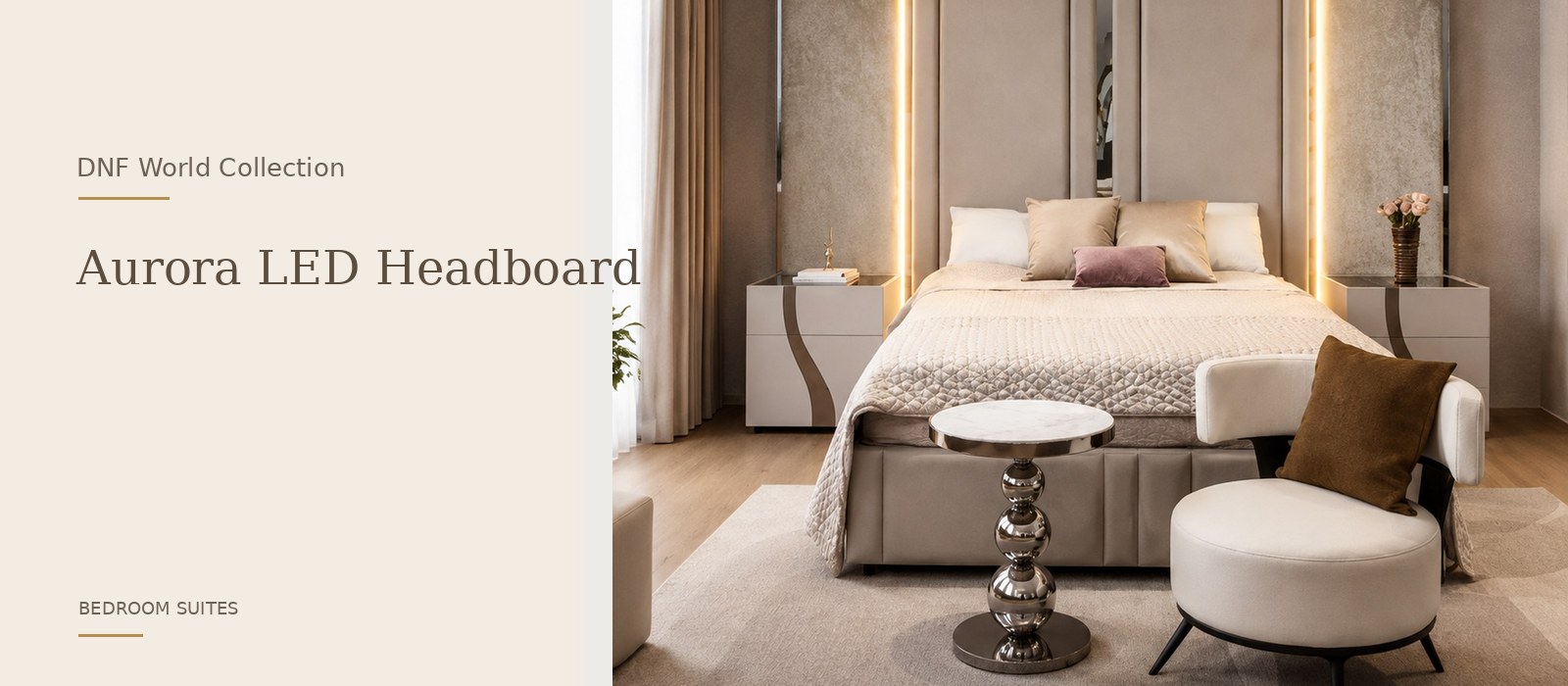 Aurora LED Headboard product page banner featuring a styled DNF World lifestyle setting