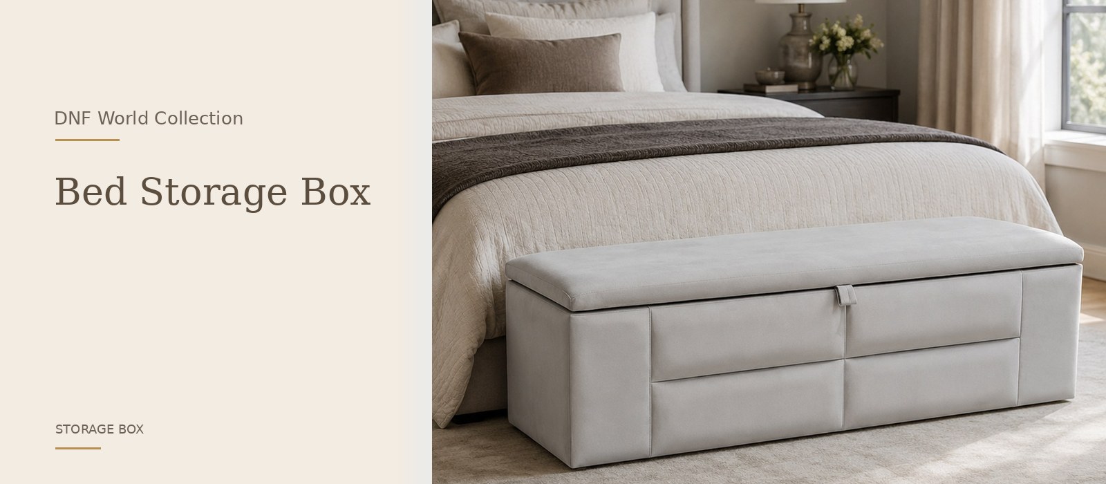 Bed Storage Box product page banner featuring a styled DNF World lifestyle setting
