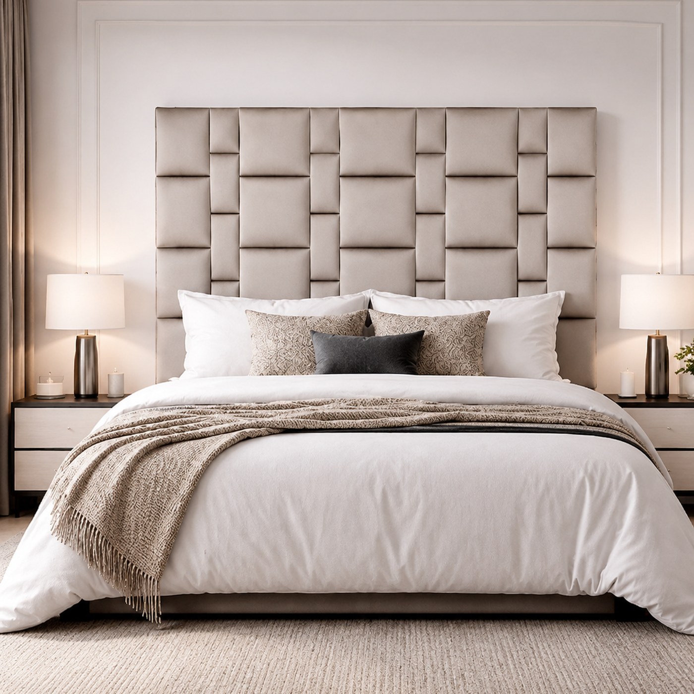 Cindy Mounting Headboard product lifestyle image in a symmetrical beige luxury bedroom by DNF World