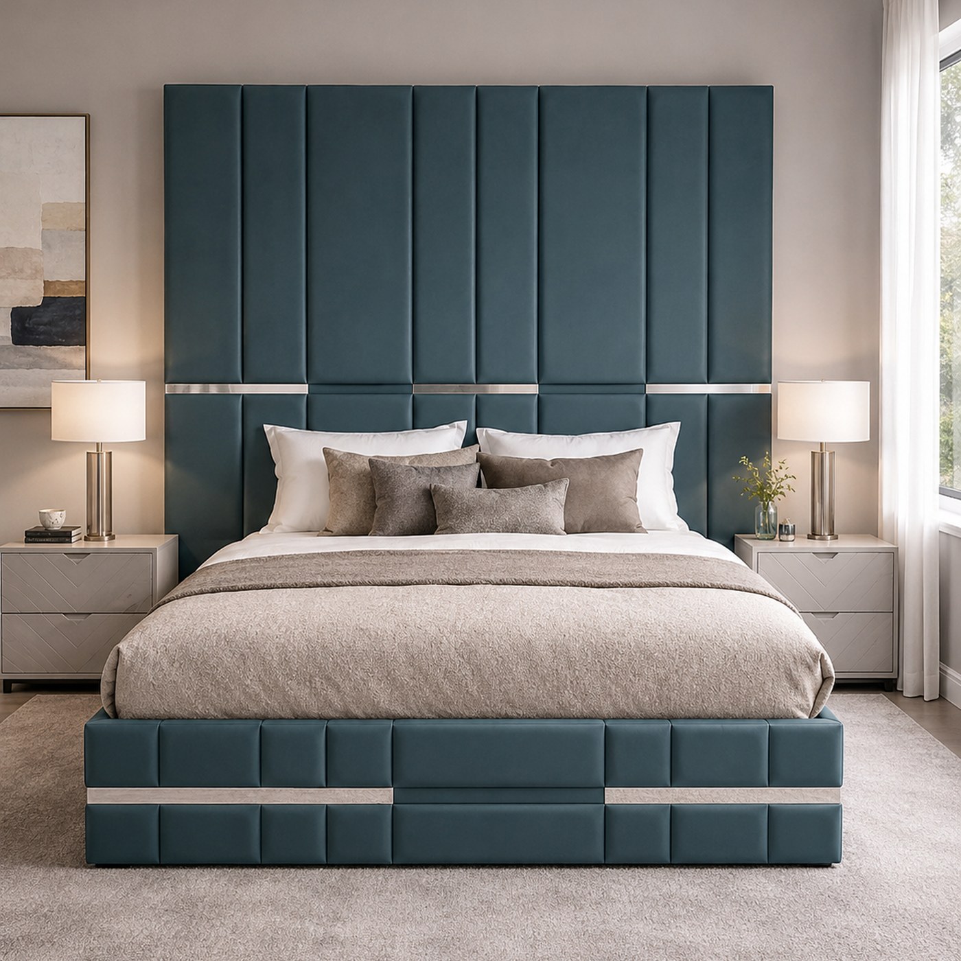Dior Headboard product lifestyle image in a contemporary teal panelled bedroom by DNF World