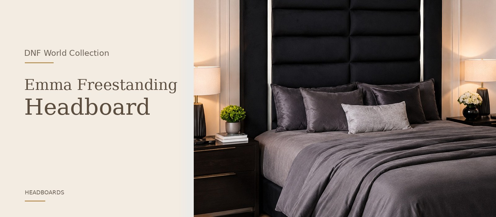 Emma Freestanding Headboard product page banner featuring a styled DNF World lifestyle setting