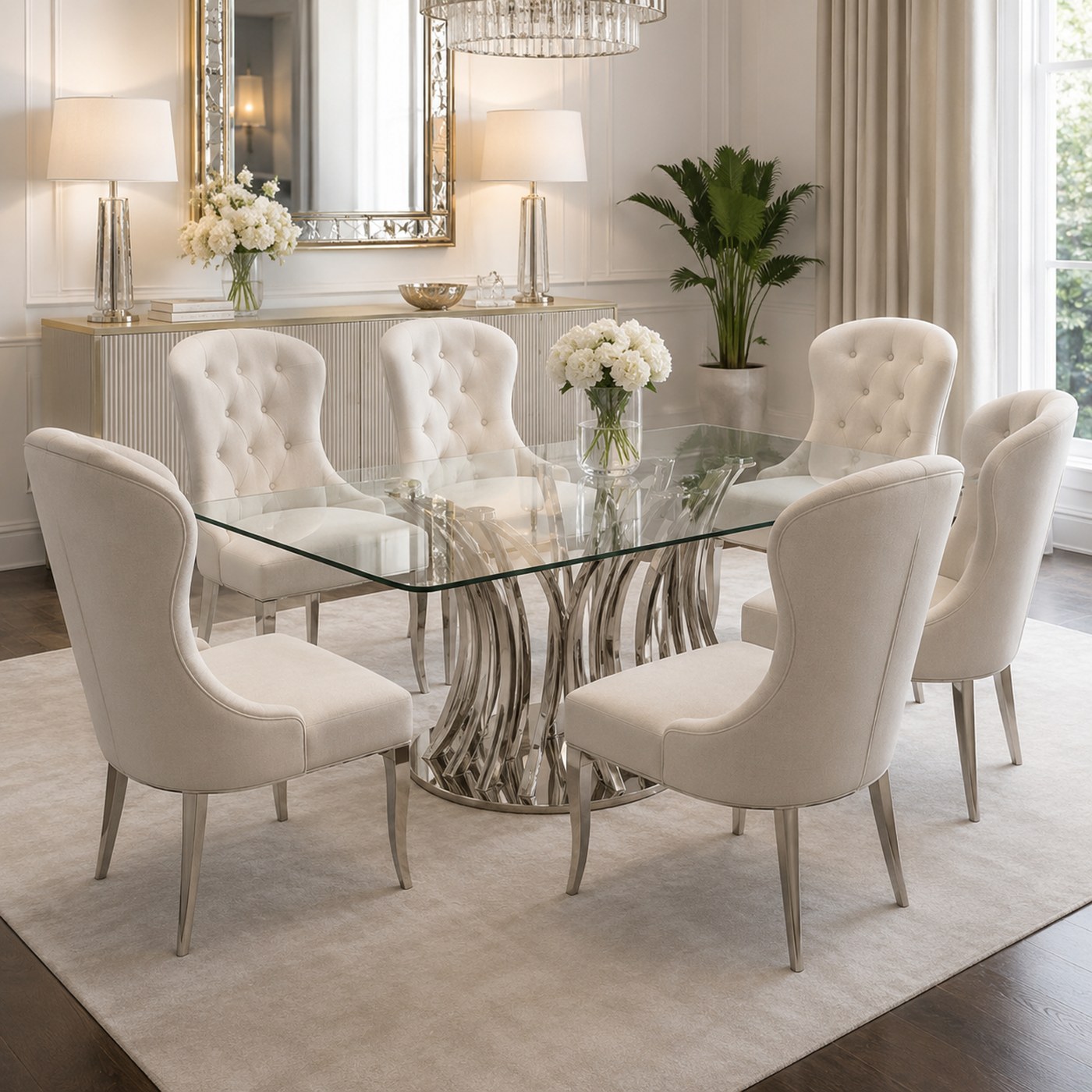 Glass Dining Suite product lifestyle image in an elegant glass dining room with chandelier by DNF World