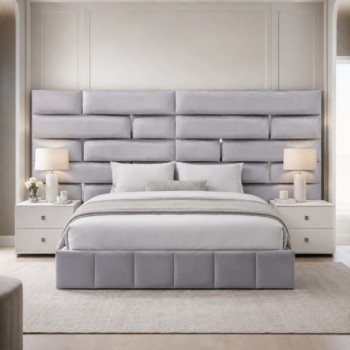 Jazmin Headboard 2.6m product lifestyle image in a symmetrical luxury bedroom by DNF World