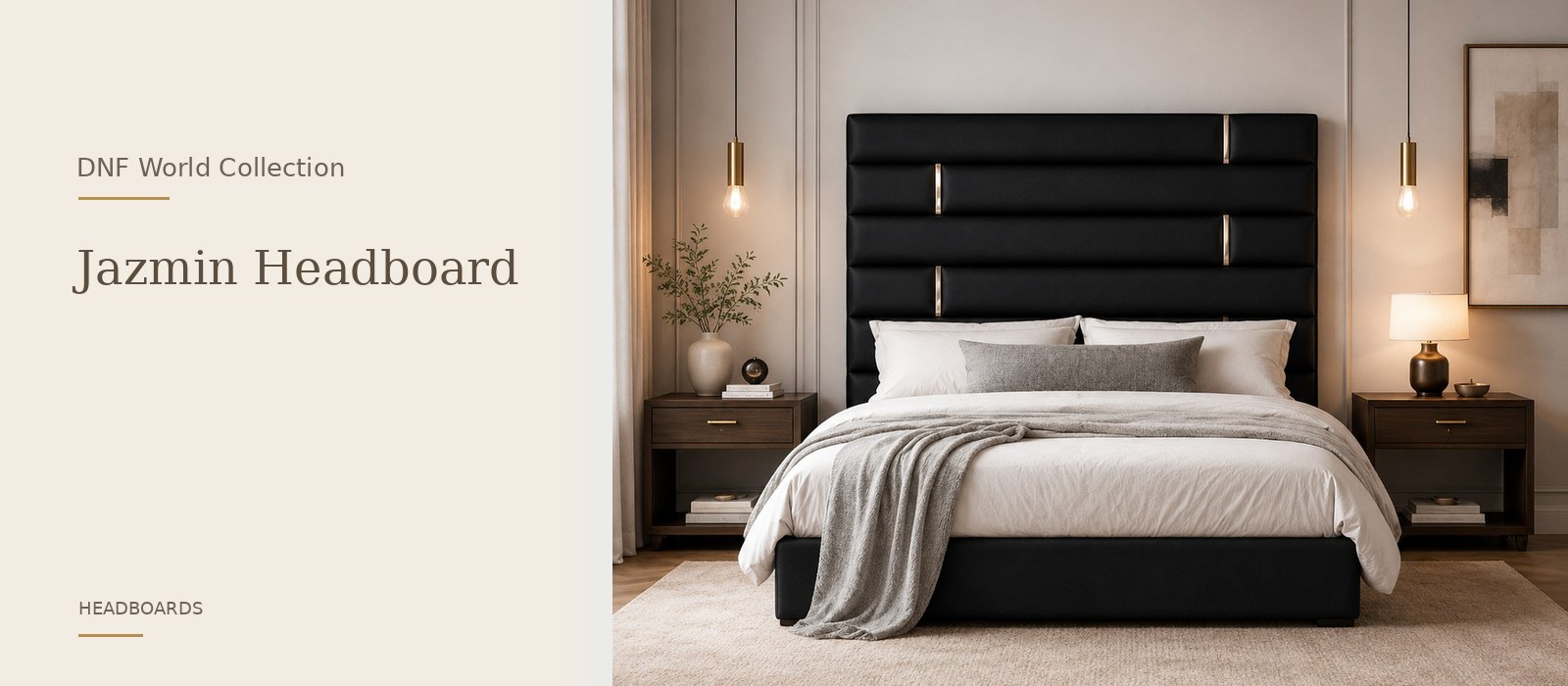 Jazmin Headboard product page banner featuring a styled DNF World lifestyle setting