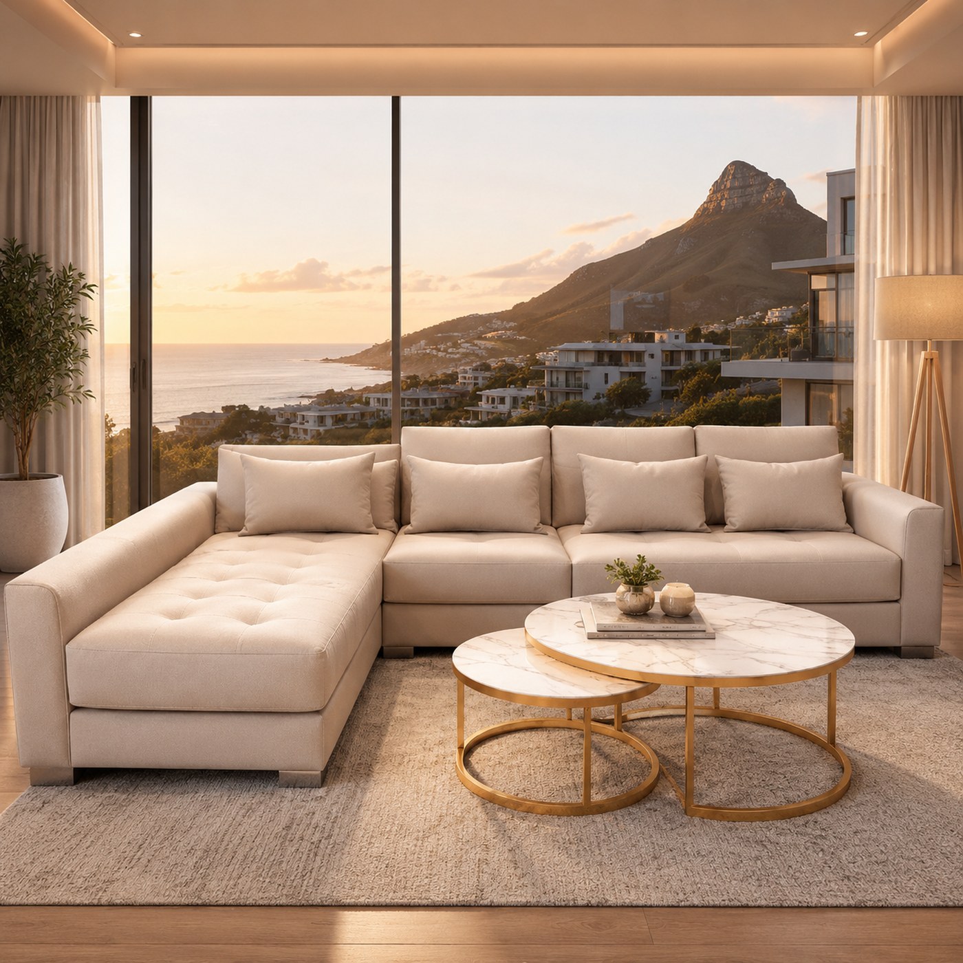 L shape sofa product lifestyle image in a serene coastal sunset living room by DNF World