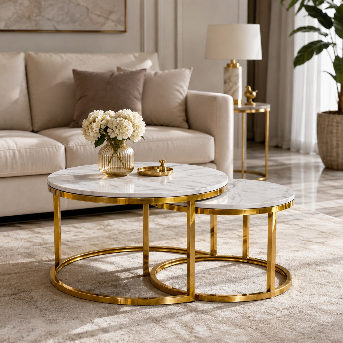 Marble Coffee Table Set product lifestyle image in an elegant marble and gold living room by DNF World