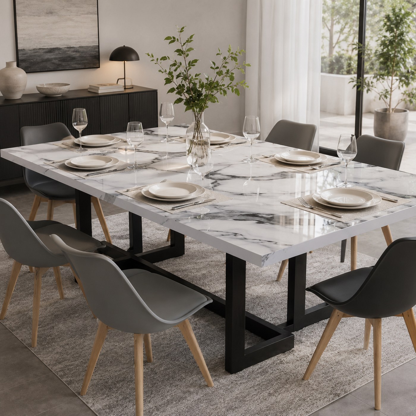 Marble Dining Suite product lifestyle image in a modern marble dining room with natural light by DNF World
