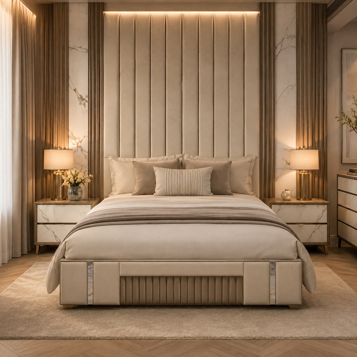 Milachi bedroom set product lifestyle image in an ultra luxury beige bedroom by DNF World