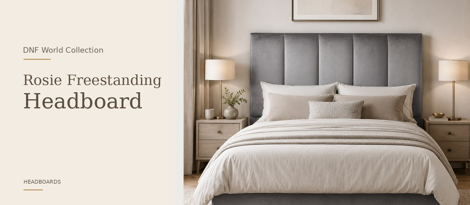 Rosie Freestanding Headboard product page banner featuring a styled DNF World lifestyle setting