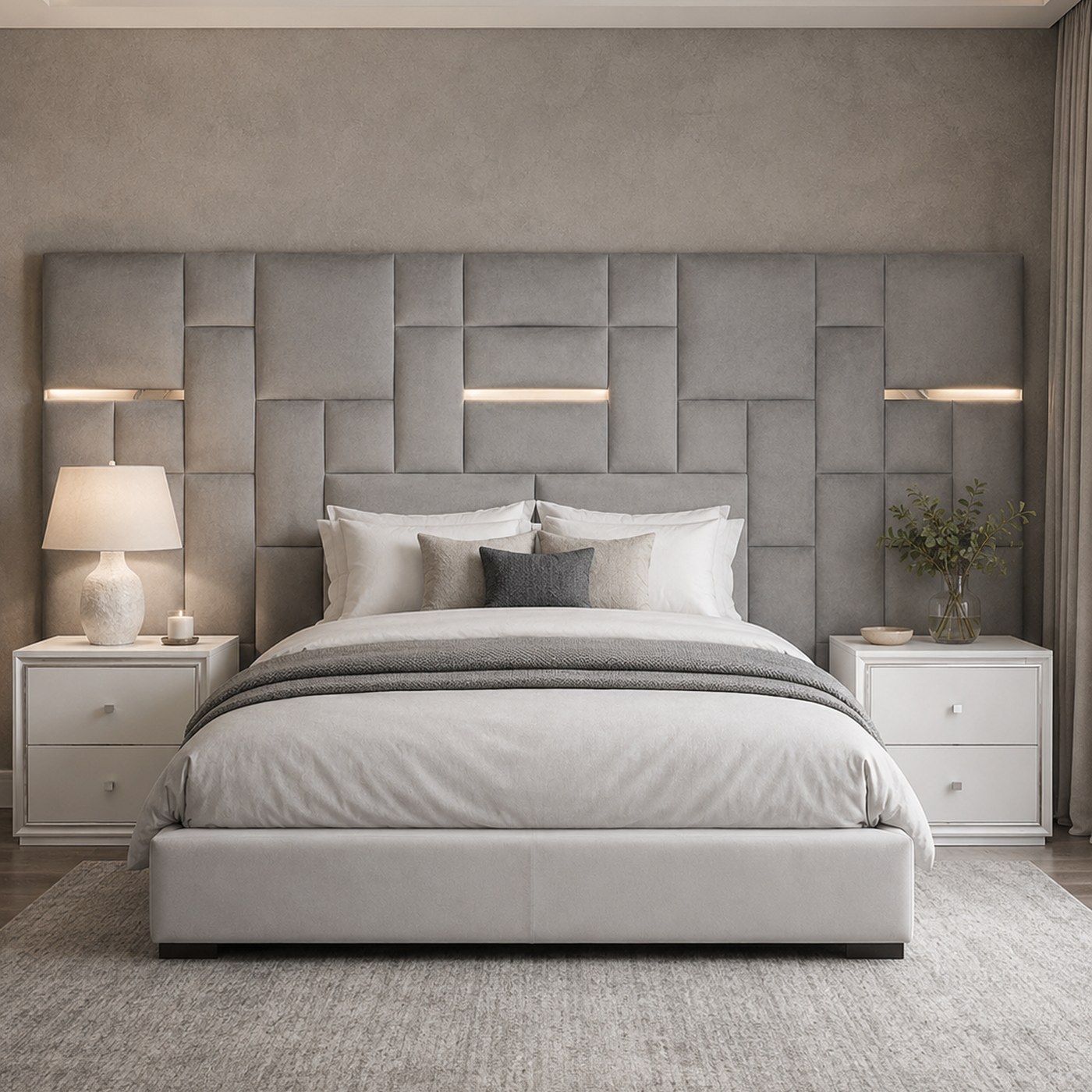 Tetris Headboard 2.6m product lifestyle image in a serene modern luxury bedroom by DNF World