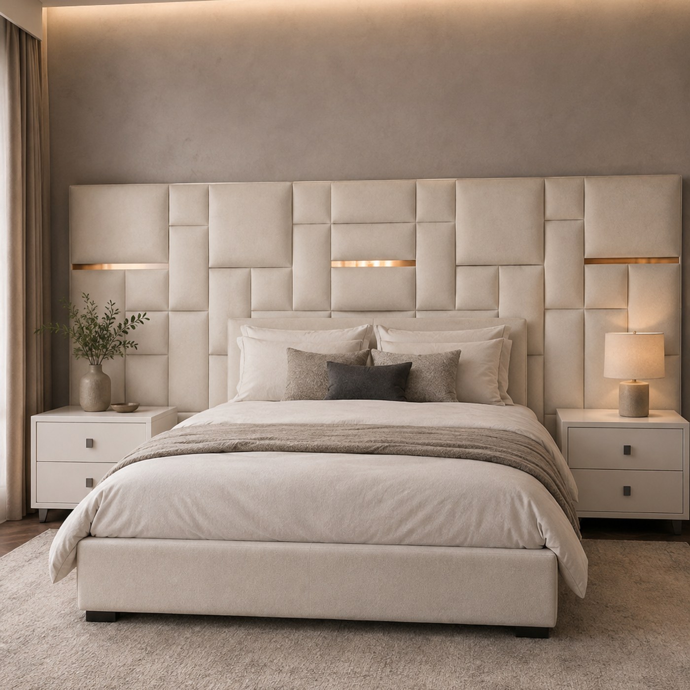 Tetris Headboard product lifestyle image in a warm minimalist luxury bedroom by DNF World