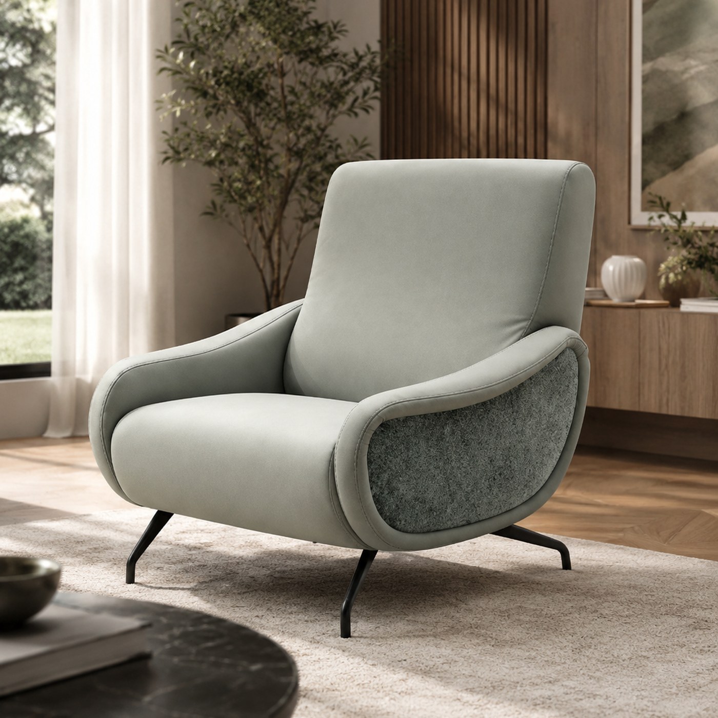 The Milano chair product lifestyle image in a modern sunlit lounge by DNF World