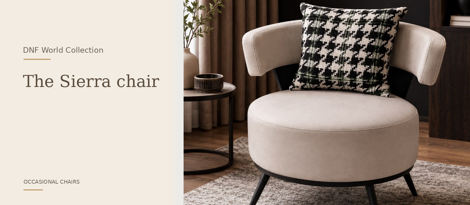 The Sierra chair product page banner featuring a styled DNF World lifestyle setting