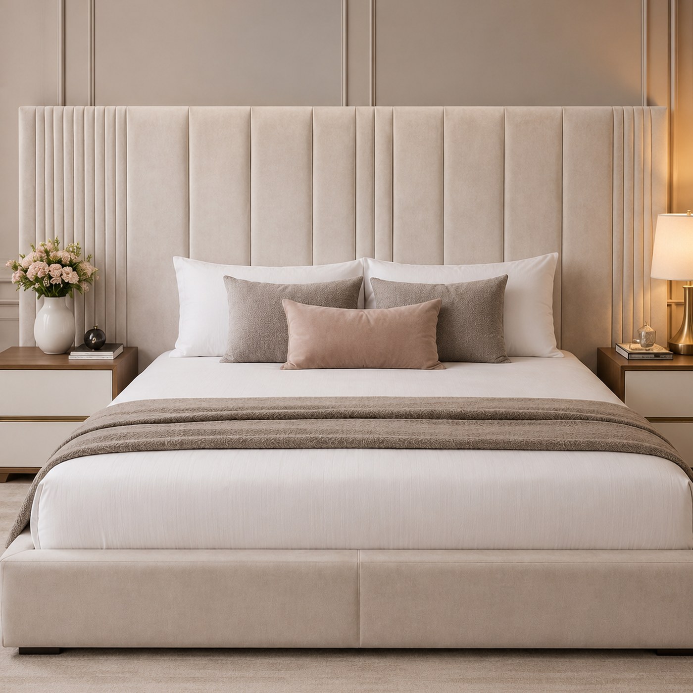 Vertica Mushroom Headboard product lifestyle image in an elegant beige luxury bedroom by DNF World